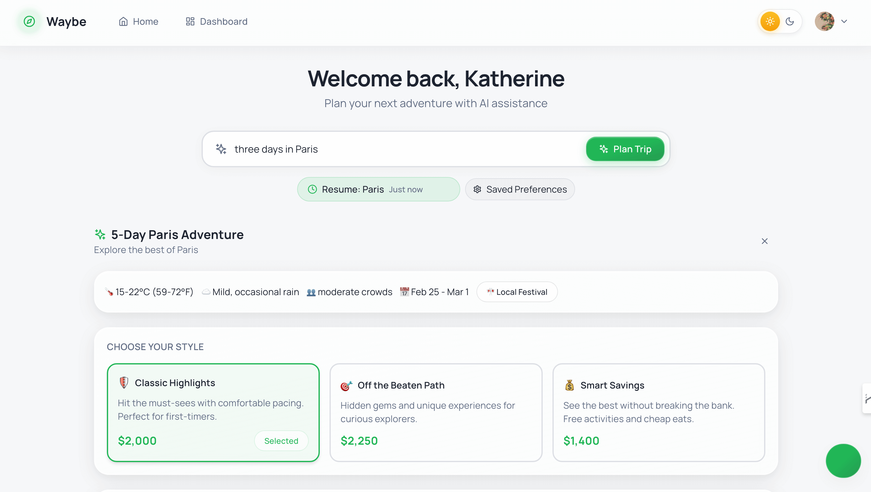 Context-aware AI trip planner outcome