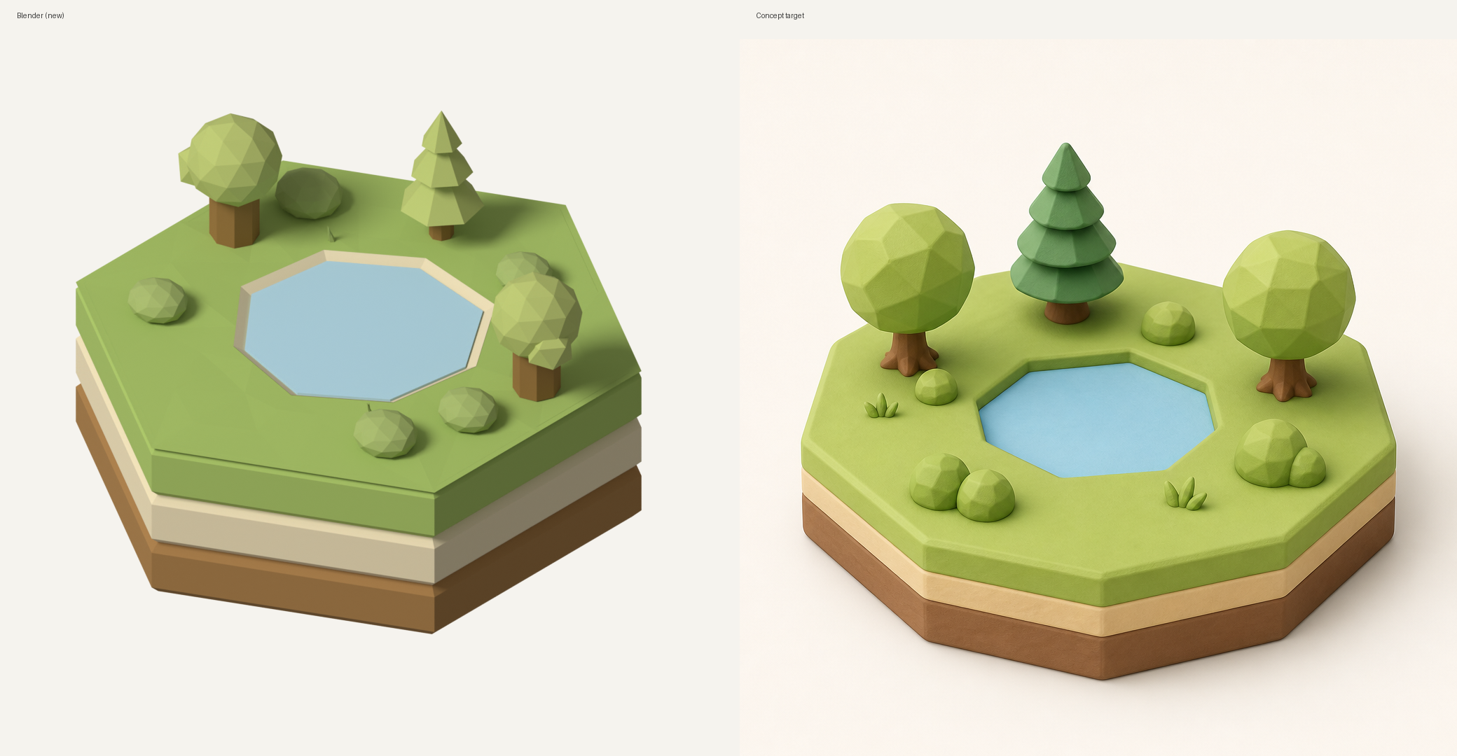 Blender render compared side-by-side with the pastel concept target