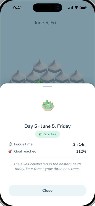 Day detail sheet in paradise state, showing focus time and goal reached