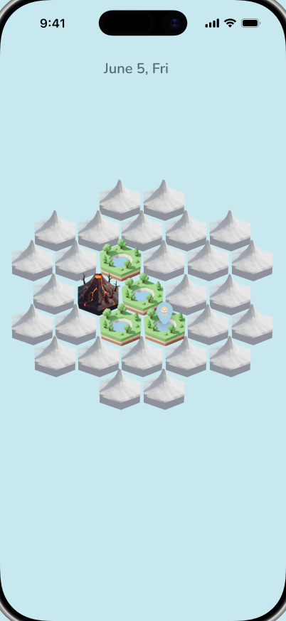 Figma monthly map screen with paradise, fog, and cursed hex tiles