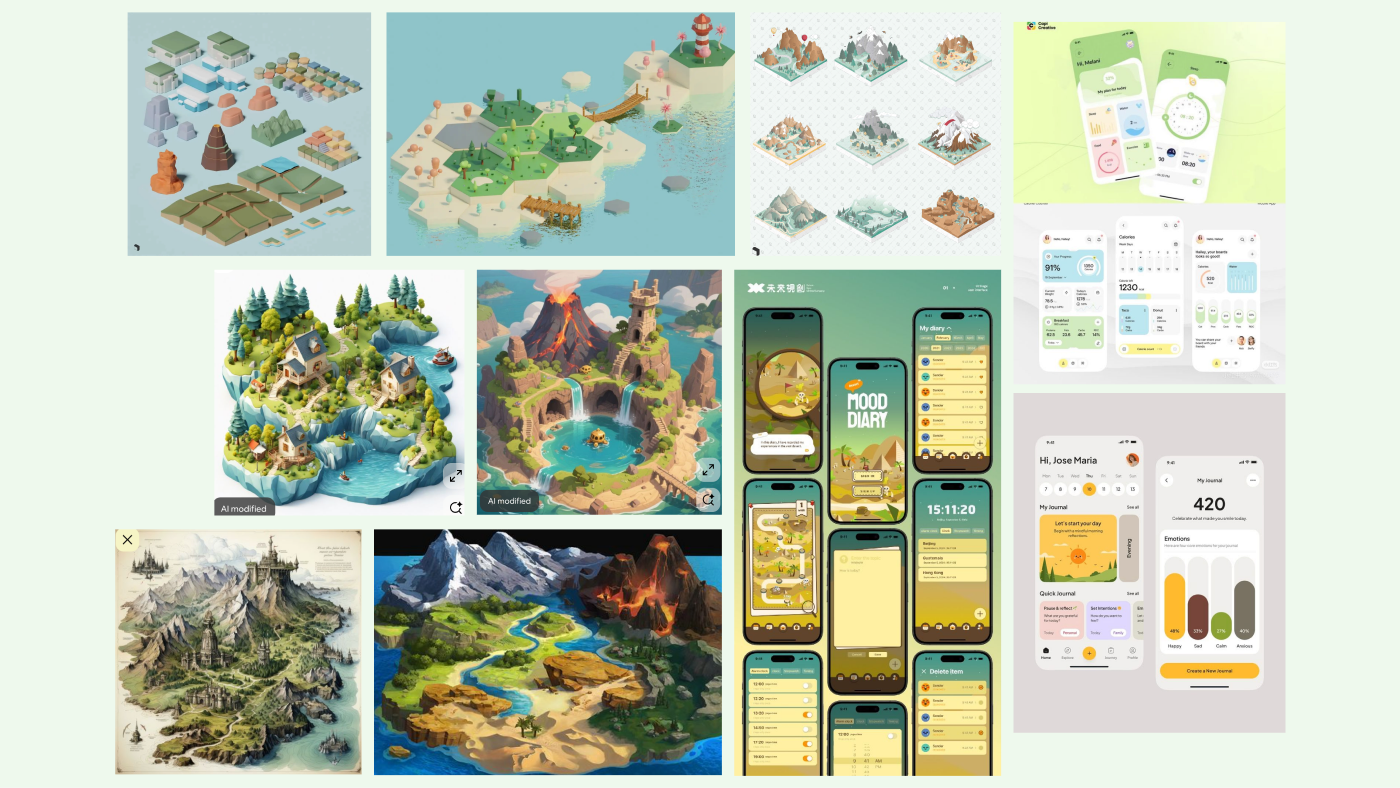 Research moodboard — isometric island references and AI concept variations