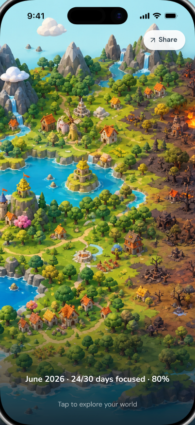 Full month-end world reveal, a continuous island generated from the tile spec