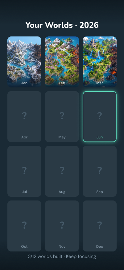 Your Worlds archive screen showing a grid of month cards, some locked